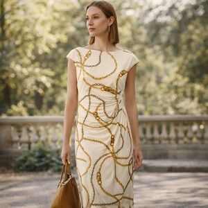 Lauren Ralph Lauren Ruched Sheath Dress Sz 8 Ivory Chain Print Midi Quiet Luxe